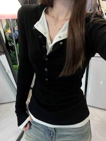 レディース 2026 春新作 レトロ黒 V ネック フェイクツーピース T シャツ ロングスリーブ インナー兼用 ノンメインストリーム 多シーン対応 日常・カフェに最適