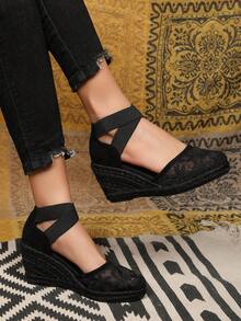 Breathable Backless Criss-Cross Elastic Casual Rope Wedge Sandals For Women - All Black - View 6