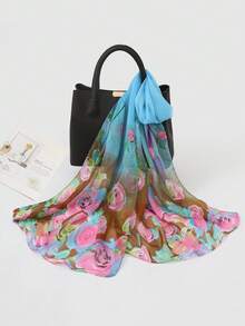 1pc Women's Printed Chiffon Lightweight Scarf, Fashionable Elegant Decorative Shawl Wrap For Travel, Photo Shoot - Grey - View 4