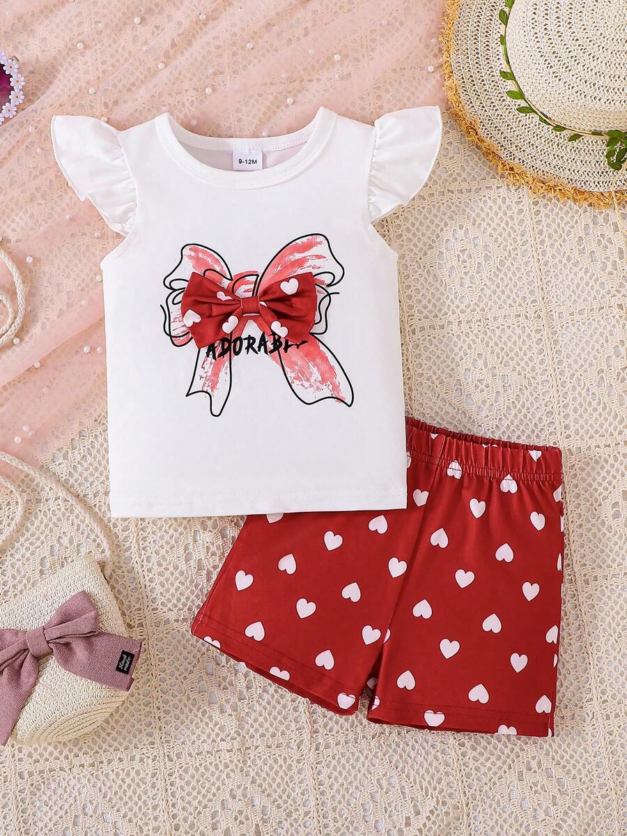 Bộ quần áo 2 món cho bé gái, áo không tay màu trắng có nơ và quần short hình trái tim màu đỏ, thích hợp cho mùa xuân/hè. - Đỏ - Xem 1
