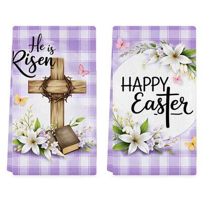 2pcs Easter Christian Kitchen Towels, Featuring Purple Plaid Religious "He Is Risen" Cross Design, Ideal For Drying Hands And Baking, Decorated With Spring Lilies, Providing Inspiration For Biblical Farmhouse Kitchen Decor (Single-Sided Design)