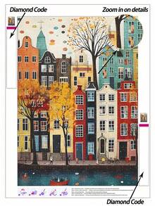 5D DIY钻石画 | 独特插画风格：手工装饰画，城镇街道平面风景，全马赛克钻石工艺套装，高清成人钻石画，以及DIY技巧和专注练习。 - 彩色 - 查看 1