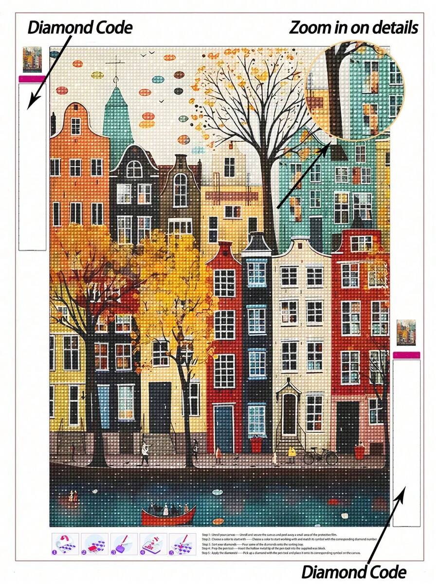 5D DIY钻石画 | 独特插画风格：手工装饰画，城镇街道平面风景，全马赛克钻石工艺套装，高清成人钻石画，以及DIY技巧和专注练习。 - 彩色 - 查看 1