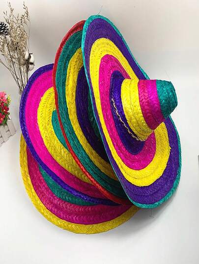 Mexican Straw Hat, Woven Bamboo Straw Hat, Fluffy Ball Straw Hat, Halloween Straw Hat, Party Straw Hat, Performance Prop Straw Hat, Colorful Straw Hat