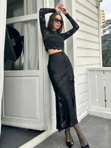 黑色蕾丝长裙 夏季缎面半身裙 女士Y2K复古风外出派对度假裙 春季 - 黑色 - 查看 3