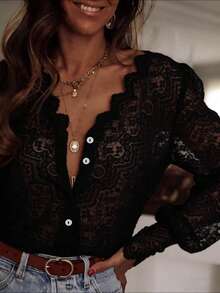 JoWins Spring/Summer New Arrival Vintage French Style Loose Flattering Elegant Lantern Sleeve V-Neck Crochet Hollow Lace Blouse, Suitable For Daily And Work Wear - Black - View 4