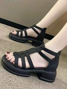 2026新款夏季镂空透气修身罗马凉鞋，百搭高跟厚底坡跟凉鞋，防水厚跟高跟凉鞋 - 黑色 - 查看 9