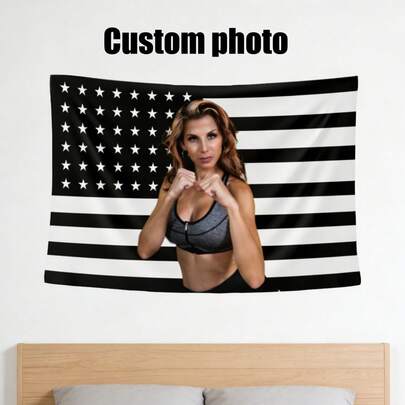 1 pieza Tapiz con retrato personalizado de la bandera estadounidense, tela decorativa colgante personalizada de la bandera estadounidense de poliéster, impresión para familia, amigos, pareja, decoración de pared para sala de estar, dormitorio, oficina, hogar / decoración de habitación / decoración de fiesta
