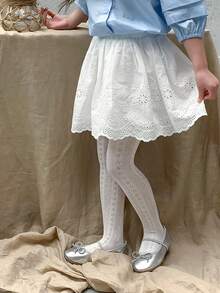 2pcs Girls' White Minimalist Mesh Tight Leggings, Fashionable Versatile Student Tights, Suitable For Girls' Daily Wear, Spring/Summer - White - View 5