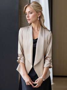 Blazer feminino de cetim acetato, coleção primavera 2026, profissional, de alta qualidade e manga curta. - Champagne - Ver 1