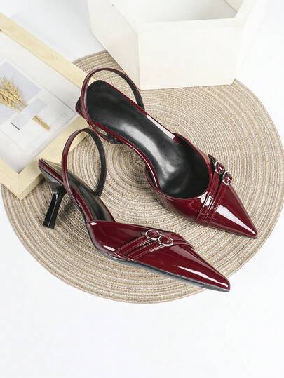 Women's Burgundy High Heel Pumps, Pointed Toe Slip-On Party Wedding Dress Shoes, 7cm Stiletto Heels With Ankle Strap