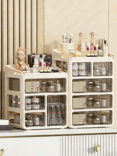 1 pieza Caja de almacenamiento de maquillaje, organizador de tocador con estilo de cajón, caja de almacenamiento de cosméticos multinivel con función antipolvo, puede organizar lápices labiales, cuidado de la piel, joyas y talla grande