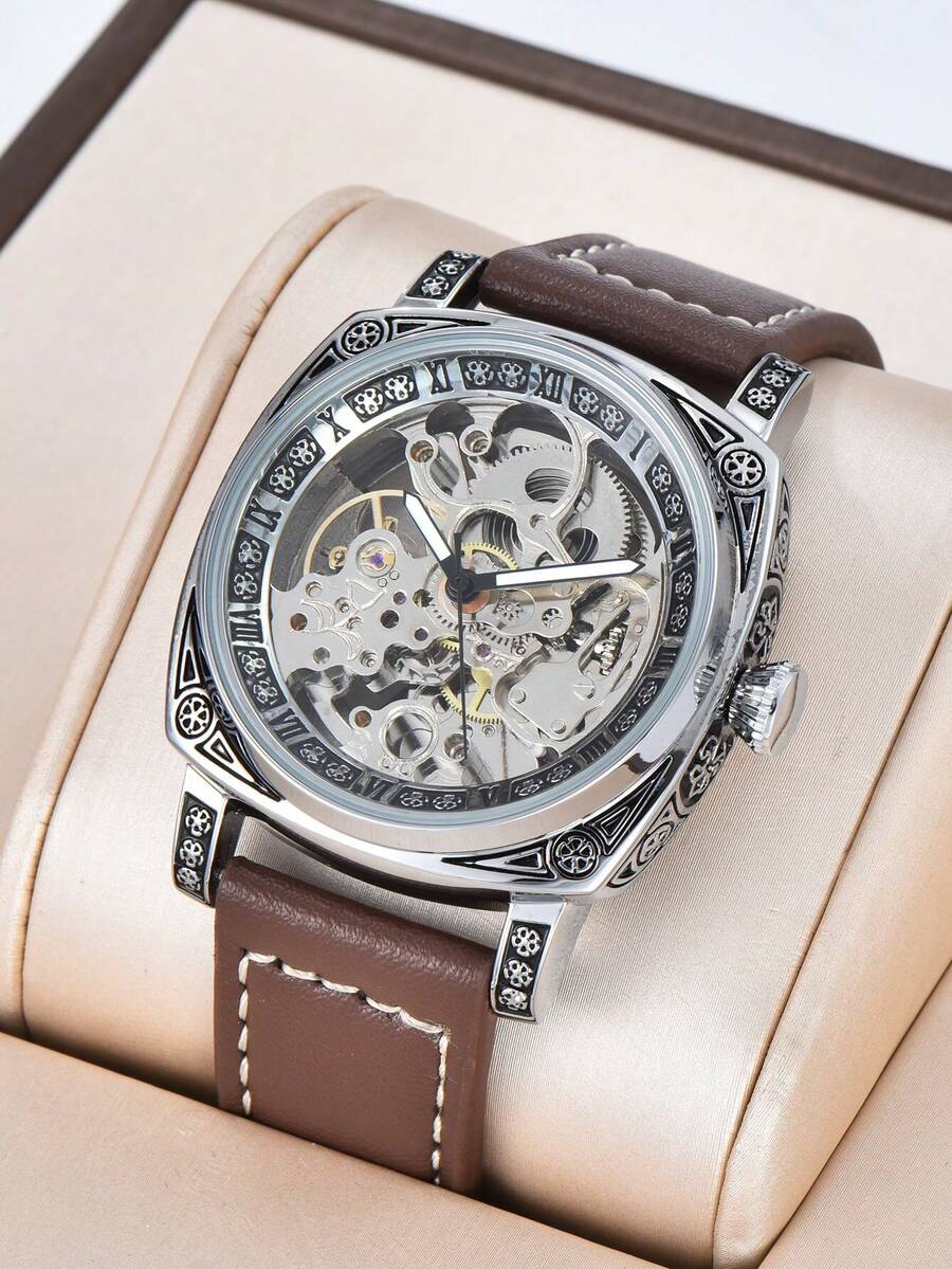 LONGLUX 1pc Men's Black Zinc Alloy Business Style Luminous Carved Automatic Tourbillon Hollow Mechanical Watch - Rust Brown - View 1