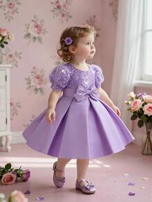 Baby Girls' Round Neck Sequin Bow Tulle Satin Party Dress, Suitable For Birthday Gift, Family Party, Flower Girl Wedding, Excluding Headband - Mauve Purple - View 1