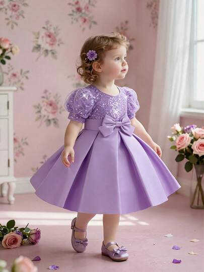 Baby Girls' Round Neck Sequin Bow Tulle Satin Party Dress, Suitable For Birthday Gift, Family Party, Flower Girl Wedding, Excluding Headband