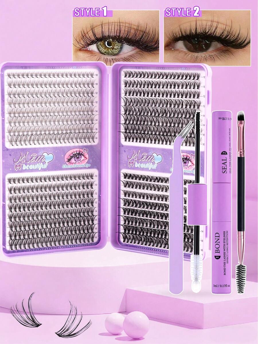 MEM Set Buku Bulu Mata Palsu D Curl Fluffy 640pcs, Bulu Mata Palsu Segmen Kapasitas Besar, Berbagai Kombinasi, Set DIY Cocok Untuk Pemula, Termasuk Lem, Perekat, Pinset Dan Kuas, Ciptakan Riasan Mata Lembut Alami yang Beragam