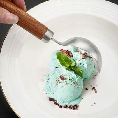 Wooden Handle Ice Cream Scoop, Stainless Steel Watermelon Fruit Dessert Spoon, High-Quality Ice Cream Scooper