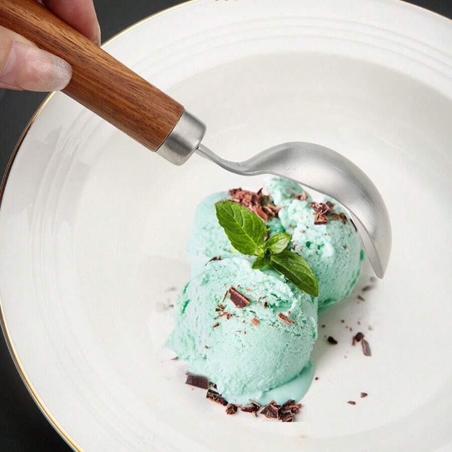 Wooden Handle Ice Cream Scoop, Stainless Steel Watermelon Fruit Dessert Spoon, High-Quality Ice Cream Scooper