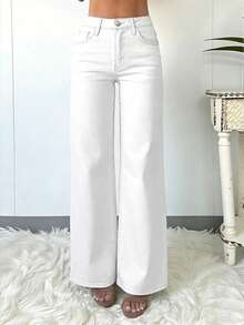 Elegant & Casual Women's Wide Leg Jeans, Denim Fabric, Solid Color Washed, Full Length, Medium Stretch Spring White - White - View 2