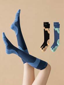 2 Pairs/3 Pairs Women Sports Muscle Compression Socks, Knee-High Athletic Socks, Functional Sports Fitness Cycling Running Socks, Slimming Leg, Anti-Slip Shock Absorption, Suitable For Pregnant Women, Nurses And Active Women - Multicolor - View 1