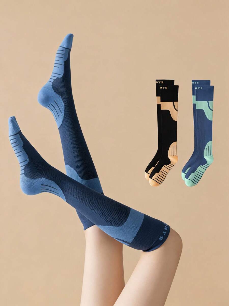 2 Pairs/3 Pairs Women Sports Muscle Compression Socks, Knee-High Athletic Socks, Functional Sports Fitness Cycling Running Socks, Slimming Leg, Anti-Slip Shock Absorption, Suitable For Pregnant Women, Nurses And Active Women - Multicolor - View 1