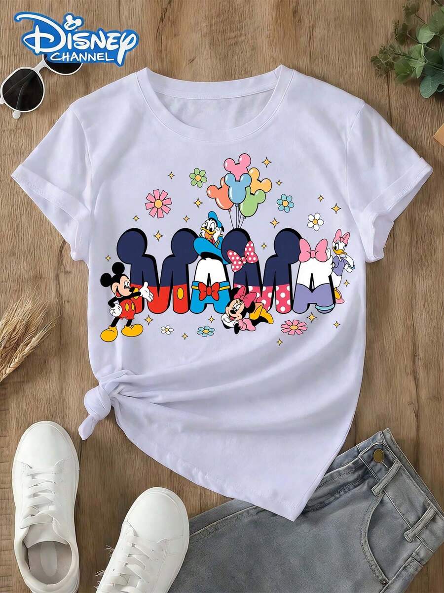 Officially Licensed Disney Product. This Summer Cotton T-Shirt For Women Features A Mickey Head Outline As The Main Pattern On The Front, With The Interior Depicting A Disney Castle, Minnie Mouse, Colorful Mickey Balloons And Fireworks, And Below Are Patterns Of Multiple Disney Princesses. It Creates A Sweet And Dreamy Disney Atmosphere. This Style Is Suitable For Daily Wear And Is An Ideal Valentine's Day Gift For Friends And Family. As A Women's Spring Clothing Item, It Is Comfortable To Wear, Gentle On The Skin, And Perfect For Outdoor Wear. - White - View 1
