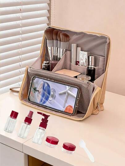 7-Piece Stand-Up Makeup Bag Set (Includes Travel-Sized Bottles) Large Capacity, Multifunctional Design, Divided Storage Bottles, Portable Travel/Business Toiletry Bag