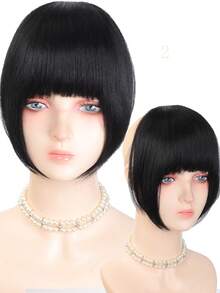 Synthetic Natural Black Yaki Straight Bangs Hairpiece For Women With Temples, Handmade Fluffy Straight Bangs, Seamless Fit, Invisible & Natural, Easy To Wear, Beginner Friendly - Multicolor - View 12