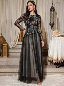 Women's Elegant Long Dress With Sheer Mesh, Floral Embroidery, And Sequin Accents, Suitable For Daily Wear, Parties, And Weddings Spring Party Black - Black - View 4