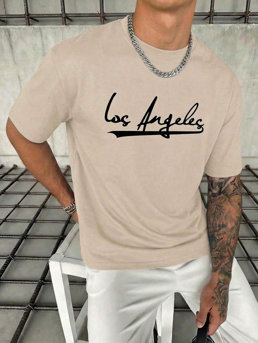 GRDR 男士复古圆领印花短袖T恤 - 杏色 - 查看 1