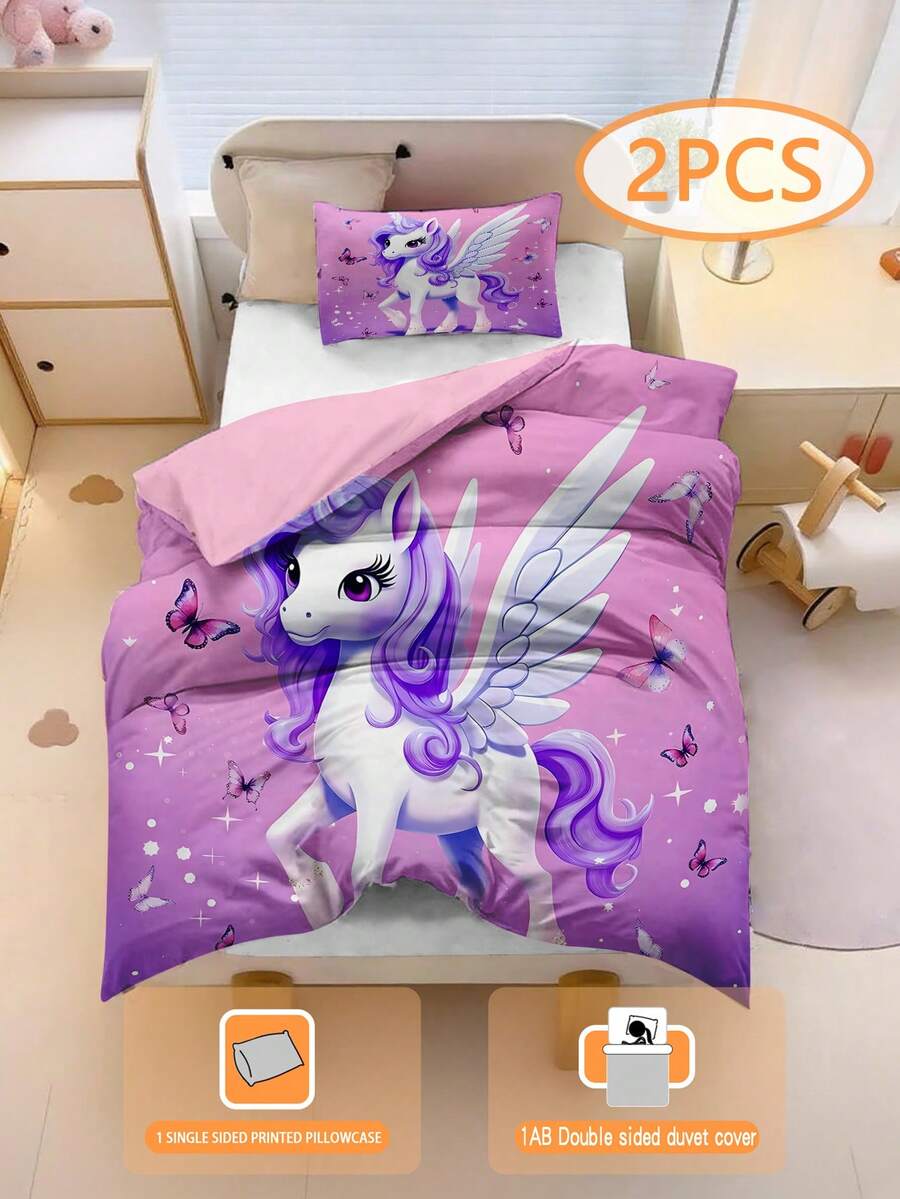 2件組可愛獨角獸兒童卡通床上用品套裝,3D雙面印花紫色蝴蝶,適合男孩女孩禮物,適用於兒童房與學生宿舍(無填充),100%聚酯纖維 - 彩色 - 查看 1