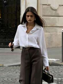 Camisa de manga larga con cuello polo, de estilo casual, holgada y elegante, minimalista y suave, adecuada para múltiples escenarios como ir al trabajo, estar en casa, etc. en todas las estaciones, color blanco primaveral - Blanco - Ver 2