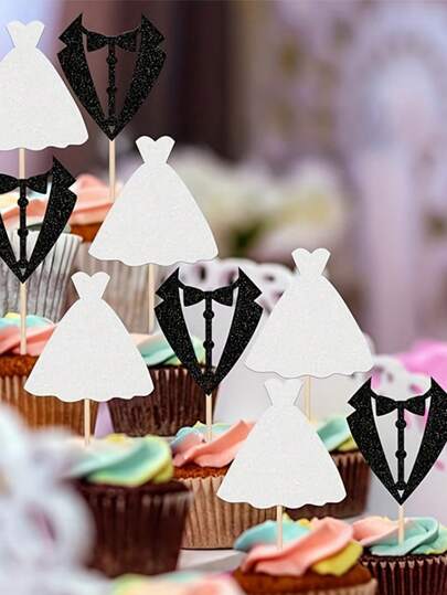 12pcs Glitter Groom & Bride Wedding Cupcake Toppers - Bamboo Black & White Tuxedo Design Cake Decorations, Suitable For Wedding Party, Wedding Cake Decor (No Assembly Required), Wedding Decorations, Bridal Shower