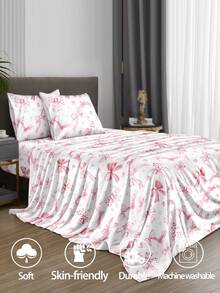 4件套粉色蝴蝶结心形图案床单套装，易护理超细纤维柔软床上用品套装，花卉图案床笠套装（1张床单+1张床笠+2个枕套），床笠套装，适用于特大号、大号、标准双人床、单人床尺寸，床笠深口袋设计，枕套最大可达11.8英寸，柔软透气，不易起皱，更有利于睡眠，奢华酒店风格，送给父母、朋友的礼物，甜美少女风 - 淺粉色 - 查看 2