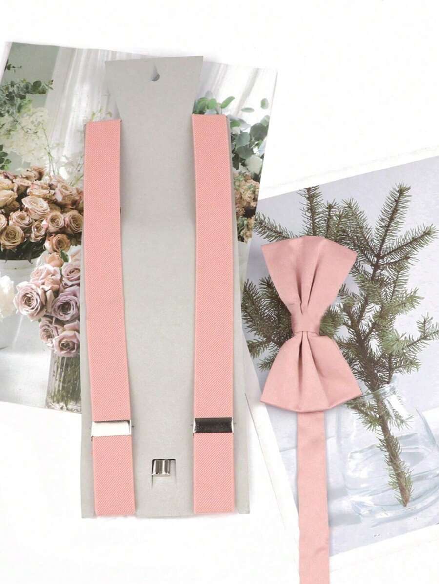 1套男士橄榄绿Y型吊带和领结套装（不含卡片） - 藕粉色 - 查看 1