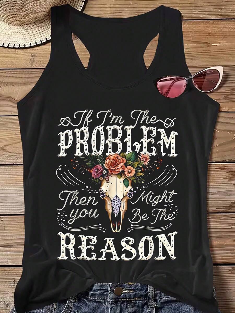 Women's Casual Sleeveless Round Neck T-Shirt With Funny Graphic Print Cotton Blend Tank Top - 黑色 - 查看 1