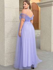 Women Plus Size Elegant Solid Color Elegant Mature Party Romantic Mesh Ruched Bust Zipper Ruffle/Flounce Formal Party Bridesmaid Dress For Wedding Guest Maid Of Honor Maxi Floor Length Prom Gowns Birthday Party Party Graduation Party Formal Evening Wedding Guest Prom Homecoming - Dusty Purple - View 3