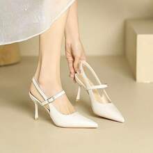 Zapatos de tacón para mujer Sandalias de tacón de aguja sin talón de inspiración francesa para mujer Novedad de verano: zapatos de tacón de aguja con punta abierta y puntera cerrada Zapatos de tacón de aguja con una sola hebilla para mujer Elegantes zapatos planos de tacón de aguja para combinar con vestidos - Beis - Ver 3