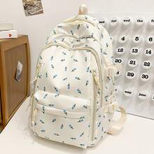 Mochila Escolar Blanca Kawaii con Estampado Orquídeas Azules y Peluche Oso para Mujer | Tela Duradera, Cremallera Bidireccional, Asidero Ancho, Reforzamiento Triangular, Bolsillos Organizados y Cinturón de Sujeción para Maletas | Ideal para Colegio, Viajes y Usos Cotidianos - Rosas - Ver 2