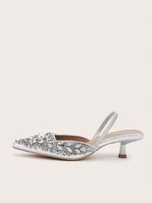 Giày sandal nữ cao cấp đính đá lấp lánh, gót kim loại, mũi nhọn, kiểu dáng slip-on, chất liệu bóng bẩy, thời trang và thanh lịch, thích hợp cho các bữa tiệc và trang phục trang trọng, gót thấp. - Bạc - Xem 5