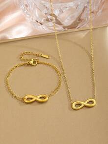 2pcs/Set Minimalist Popular Gold Stainless Steel Chain Infinity Sign Necklace Bracelet Set Idea Gift For Girls Family Friends Anniversary Valentine's Day Christmas Party Mom Mother's Day For Daily Life - Gold - View 3