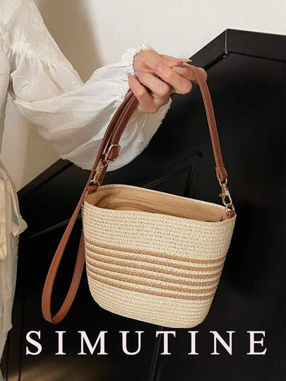 SIMUTINE New Straw Bucket Bag, Beach Vacation Tote, Fashionable Casual Woven Bag, Straw Material, Daily Use Bag, Suitable For Shopping, Commuting, Work, University
