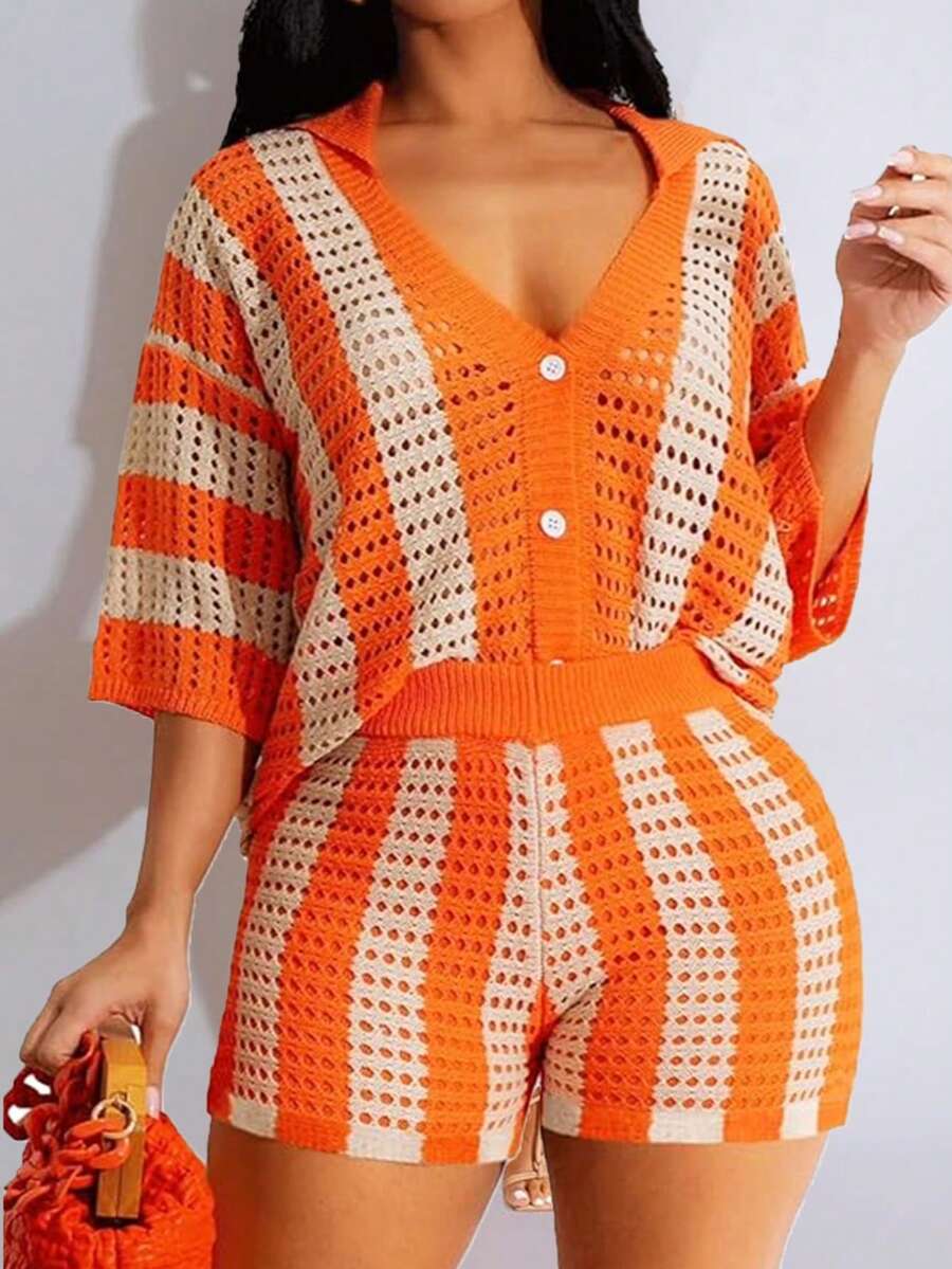 Plus Size Women V-Neck Colorblock Striped Hollow Button Dropped Shoulder Short Sleeve Hollow Sweater, Suitable For Beach, Date Night, Vacation, Office, Daily Wear, Travel, Tea Party, Airport, Formal Evening, Spring/Summer Elegant - Orange - View 1