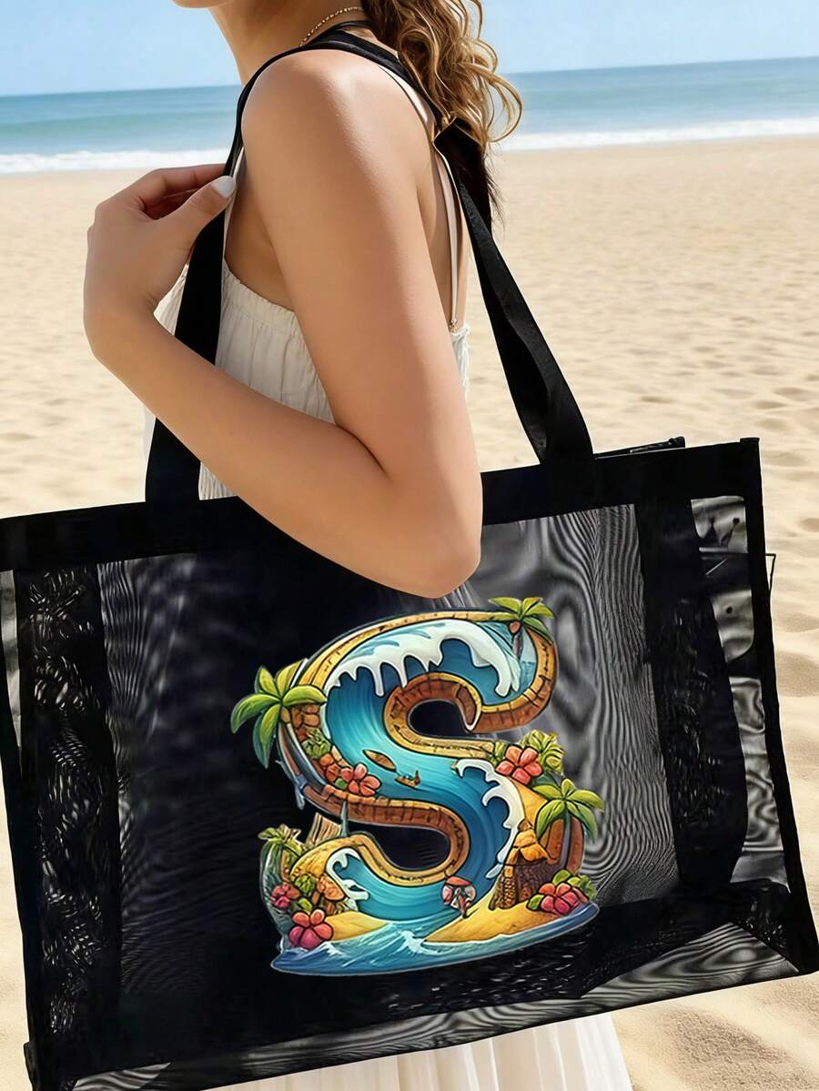 海灘主題字母與花卉圖案托特包,旅行網格海灘包,便攜式托特包,大容量,多功能收納包,超市購物袋,適合度假、旅行、海灘、購物、飯店、返校禮物、生日禮物、旅行配件、教師節、度假禮物、婚禮配件 - 彩色 - 查看 1