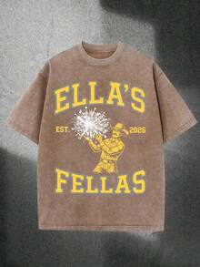 230g Washed T-Shirt, Ella's Fellas Western Printed Men's Summer T-Shirt, High-Quality Wax Printed Cotton All Season Casual T-Shirt, Suitable For Street And Outdoor Activities, Is The Perfect Gift For Festivals - 卡其色 - 查看 1