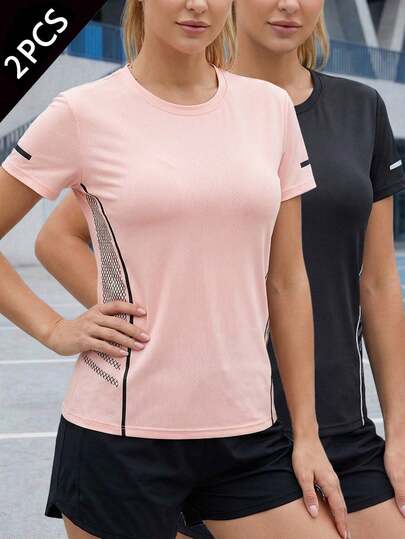 2件套女士运动短袖网眼透气圆领T恤，休闲运动服套装，适合户外训练
