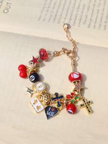 1条“爱自己”字母吊坠手链，1条深色十字架樱桃手链，1条星星女孩樱桃手链，1条宗教十字架手链，1条心形樱桃手链 - 金色 - 查看 6