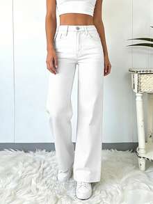 Elegant & Casual Women's Wide Leg Jeans, Denim Fabric, Solid Color Washed, Full Length, Medium Stretch Spring White - White - View 6