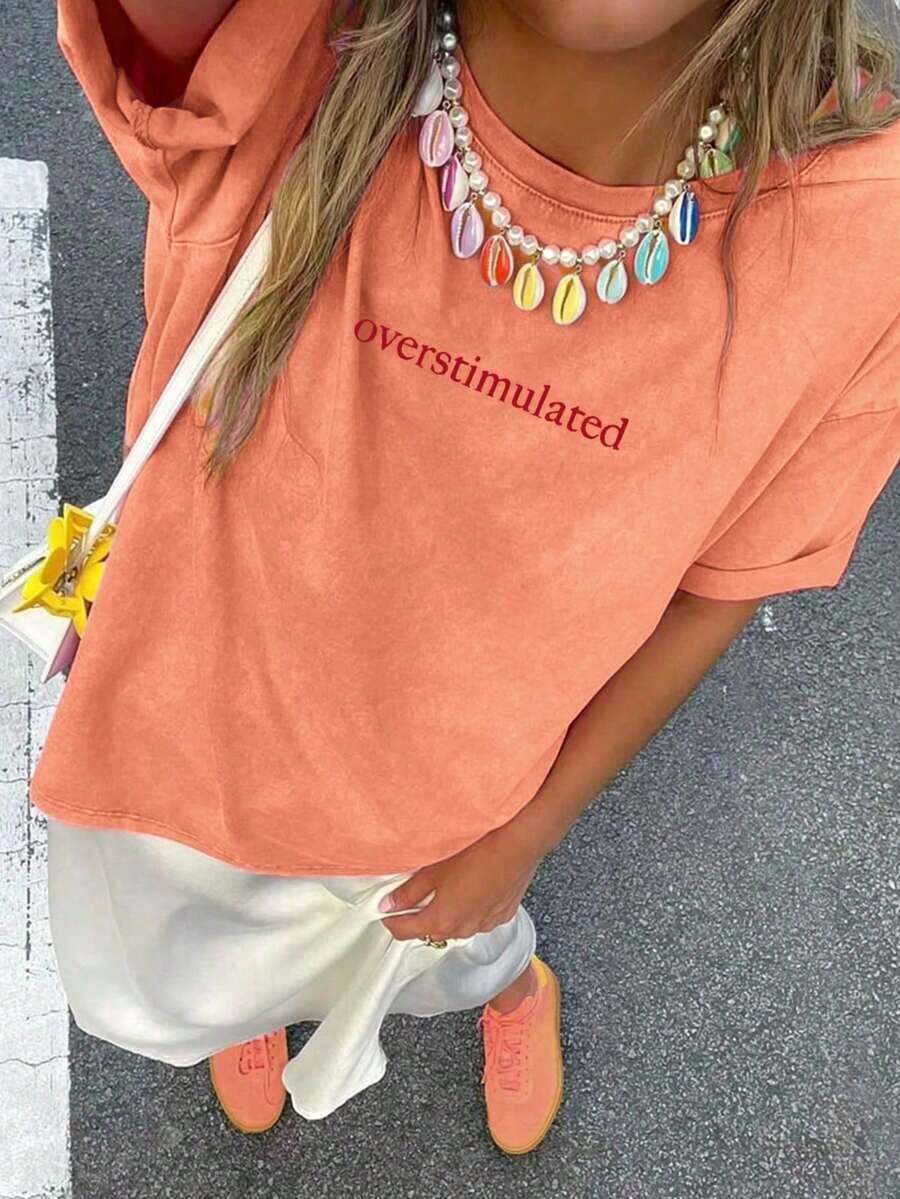 Camiseta Casual de Manga Corta para Mujer, Estilo Holgado y Sobredimensionado con Estampado Gráfico, Color Negro, para Verano - Naranja - Ver 1