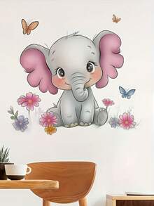 1件大象图案自粘墙贴，带花朵和蝴蝶图案，适用于客厅或卧室 - 1PC - 查看 6